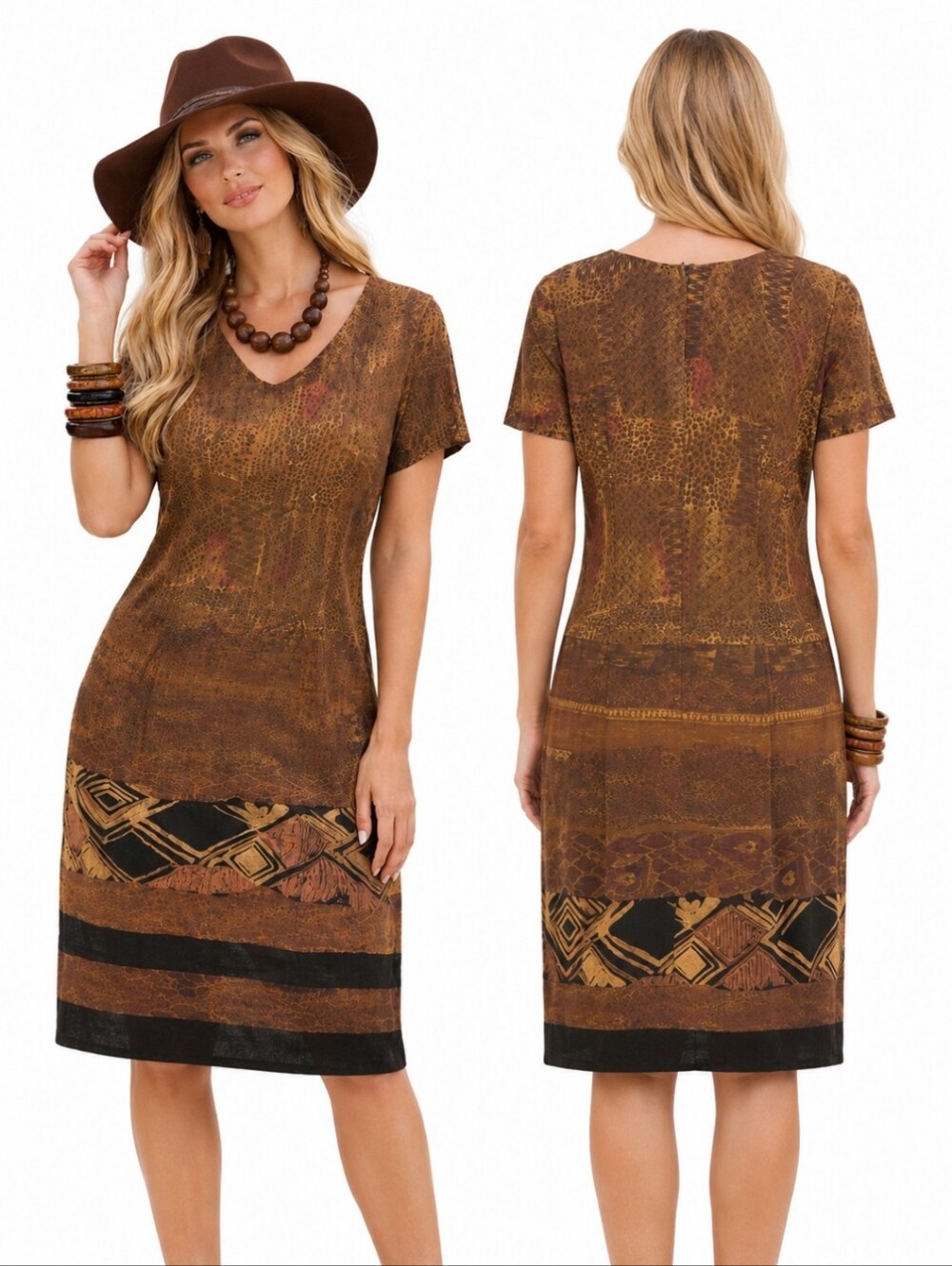 Vtg 90s Tribal Print Neutral Brown Safari Border Boho Chic Dress Sz M